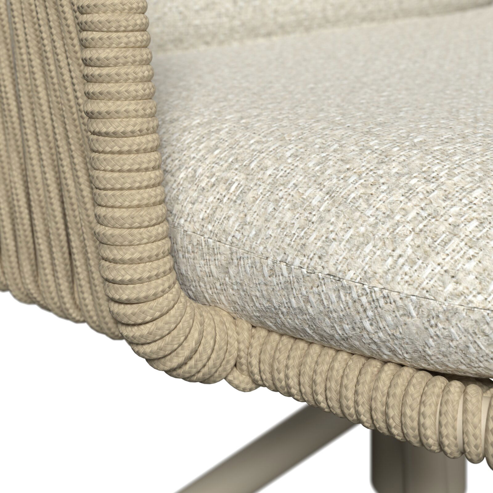 Detailaufnahme aus seitlicher Perspektive: gepolsterter Sitz mit hellbeigem, strukturiertem Stoffbezug und umlaufender, geflochtener Kordel-/Seilumrandung am Rahmen