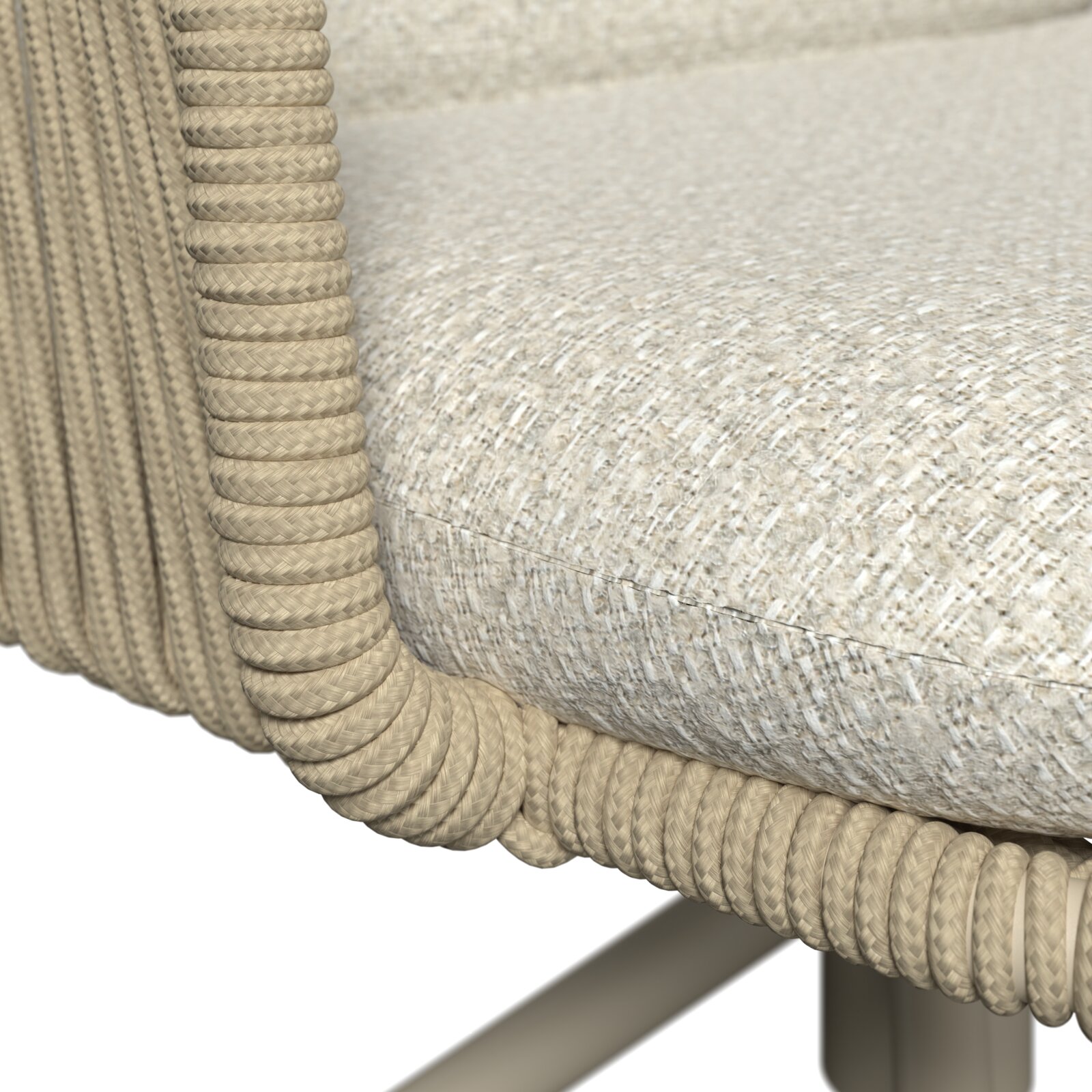 Detailaufnahme aus seitlicher Perspektive: gepolsterter Sitz mit hellbeigem, strukturiertem Stoffbezug und umlaufender, geflochtener Kordel-/Seilumrandung am Rahmen