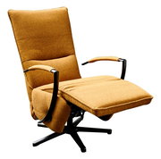 Drehbarer Relaxsessel in senfgelber Farbe mit verstellbarer Rückenlehne und Fußstütze, seitliche Perspektive