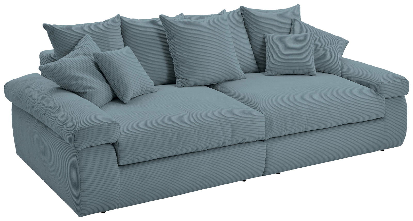 Großes, modernes Big-Sofa in blauer Farbe mit mehreren Kissen, seitliche Perspektive