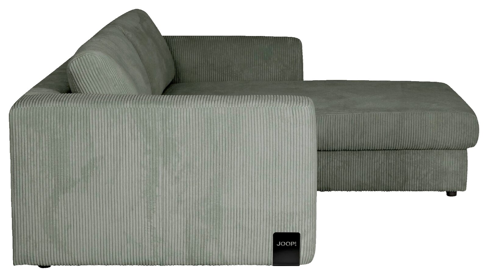 Groene JOOP! hoekbank met chaise longue en geribbelde corduroy bekleding, gezien vanuit schuin zijaanzicht