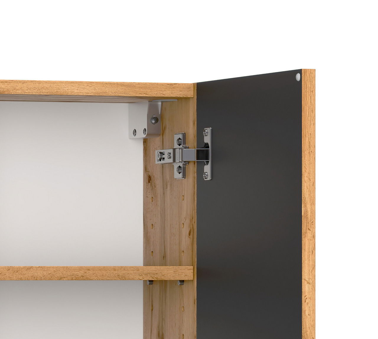 Hängeschrank aus Holz mit geöffneter Tür, Innenansicht von der Seite