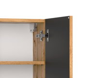 Hängeschrank aus Holz mit geöffneter Tür, Innenansicht von der Seite