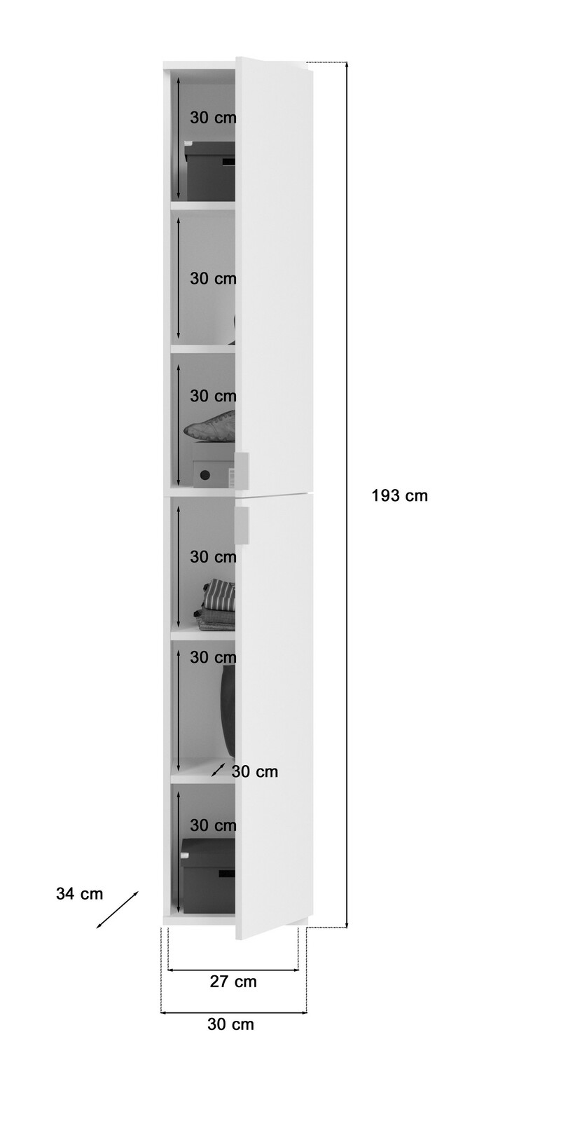 Schmaler, weißer Garderobenschrank mit fünf Fächern, teilweise geöffnet, seitliche Perspektive.