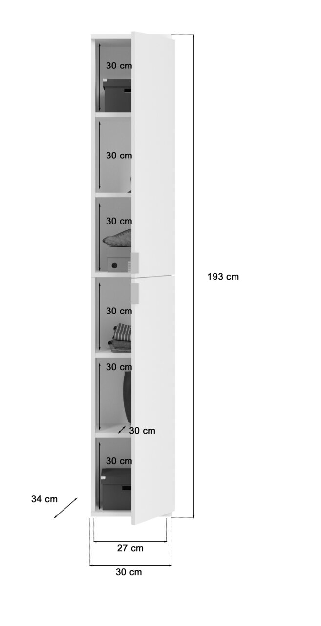 Schmaler, weißer Garderobenschrank mit fünf Fächern, teilweise geöffnet, seitliche Perspektive.