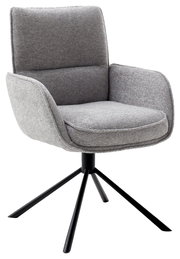 Grauer Armlehnstuhl mit Stoffbezug und schwarzem Metallgestell, seitliche Perspektive