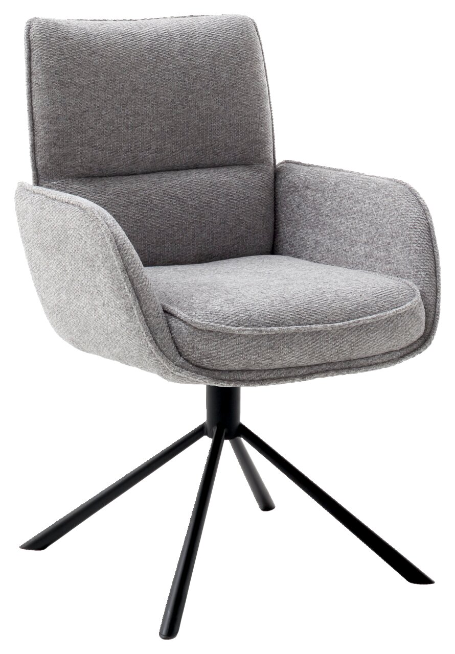Grauer Armlehnstuhl mit Stoffbezug und schwarzem Metallgestell, seitliche Perspektive