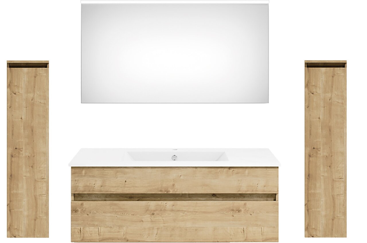 Puris Badkombination GET2YOU 21 Frontale Ansicht einer Badkombination mit zwei hohen Holzschränken, einem Waschbeckenunterschrank in Holzoptik und einem großen Spiegel.