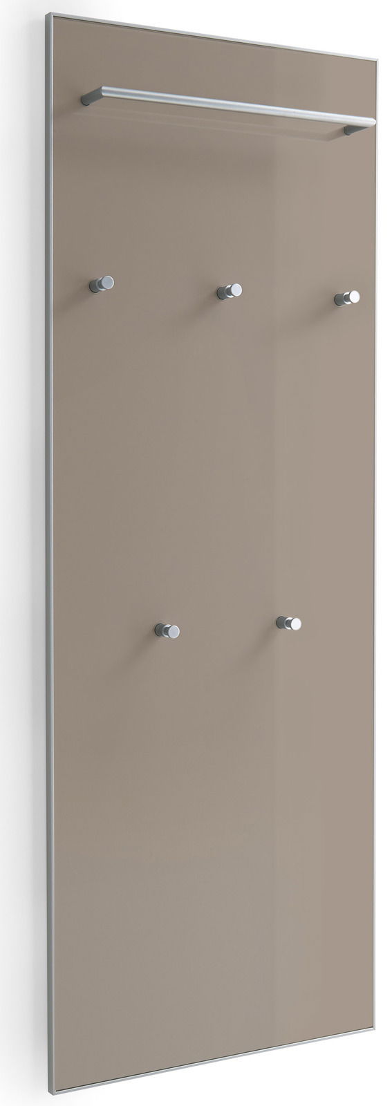 Seitliche Ansicht eines XL-Garderobenpaneels mit mehreren Haken und einer oberen Stange in modernem Design.