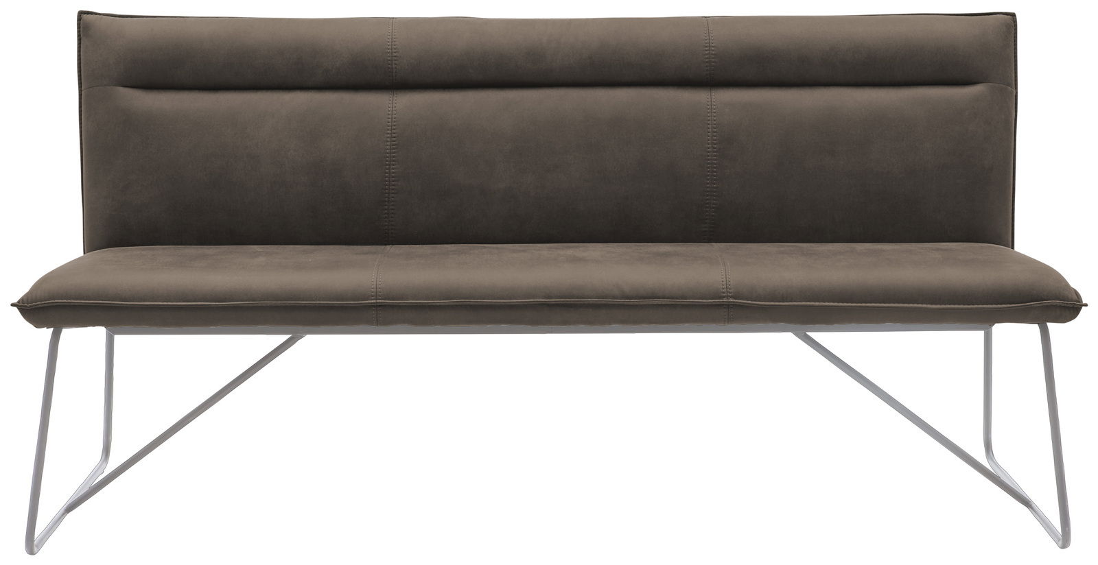 Moderne Bank mit grauem Polster und Metallbeinen, Frontalansicht