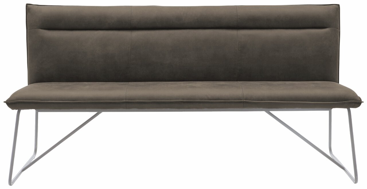 Moderne Bank mit grauem Polster und Metallbeinen, Frontalansicht