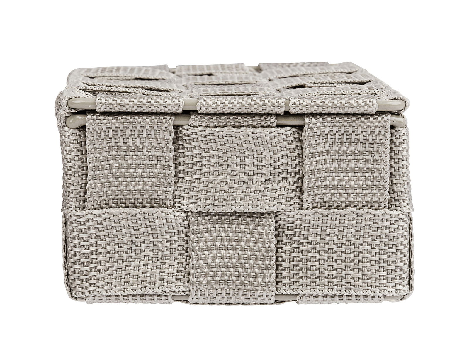 Frontansicht eines kleinen, gewebten Badorganizers in Beige.