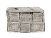 Frontansicht eines kleinen, gewebten Badorganizers in Beige.