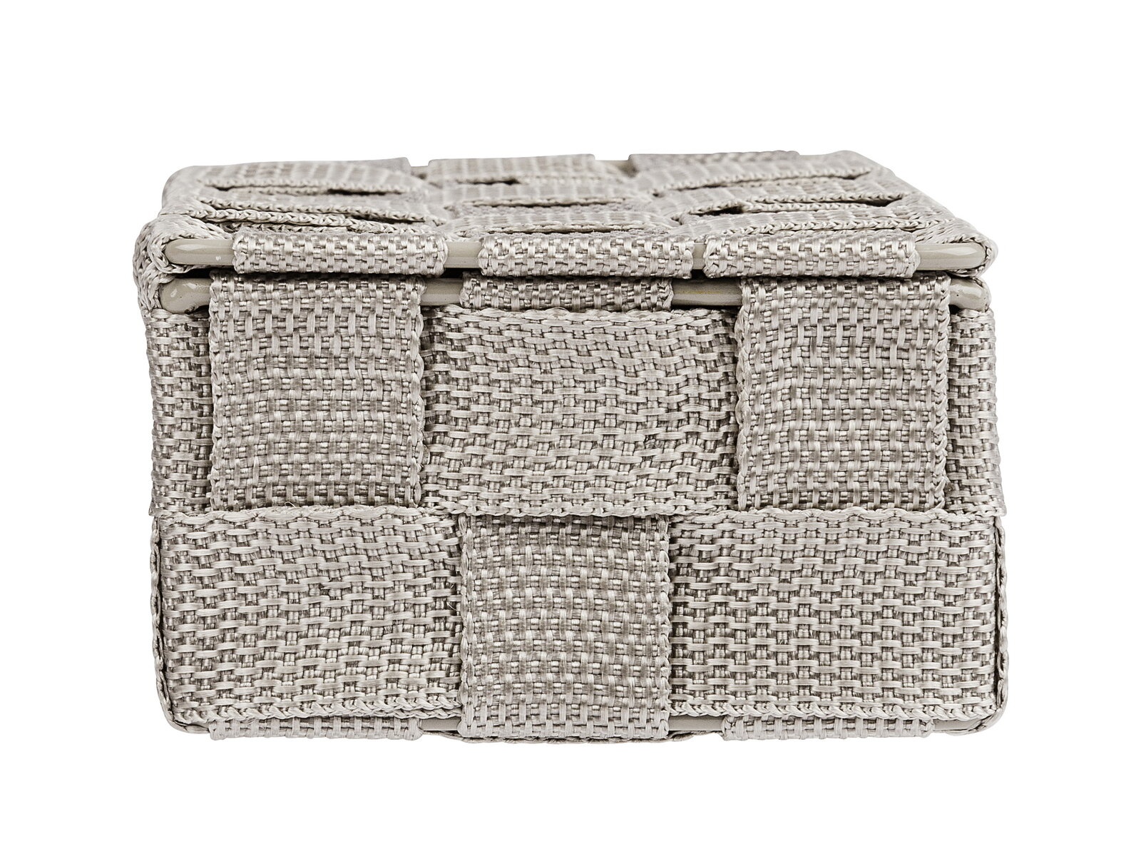 Frontansicht eines kleinen, gewebten Badorganizers in Beige.