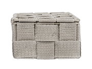 Frontansicht eines kleinen, gewebten Badorganizers in Beige.