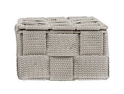 Frontansicht eines kleinen, gewebten Badorganizers in Beige.