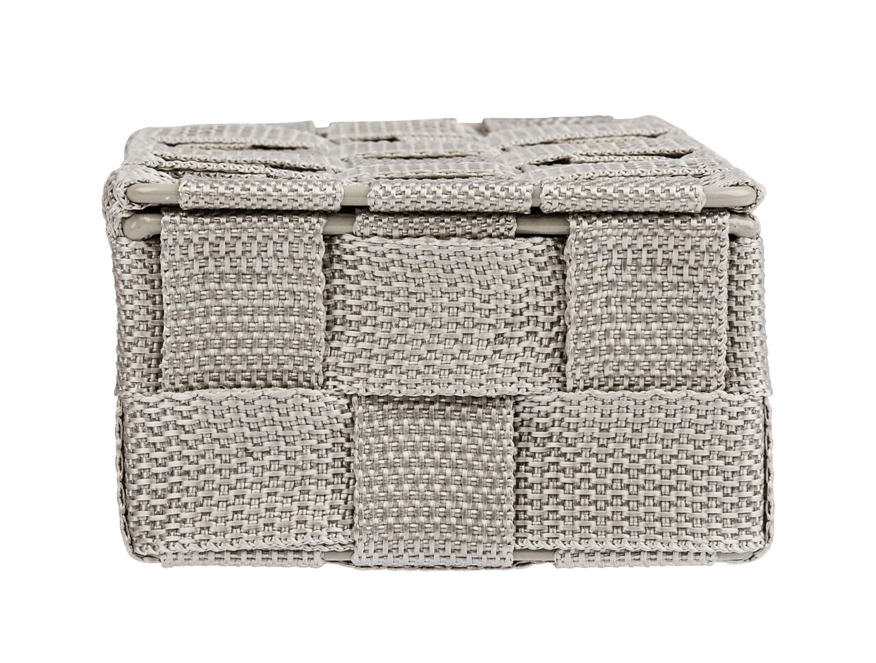 Frontansicht eines kleinen, gewebten Badorganizers in Beige.