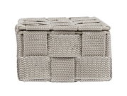 Frontansicht eines kleinen, gewebten Badorganizers in Beige.