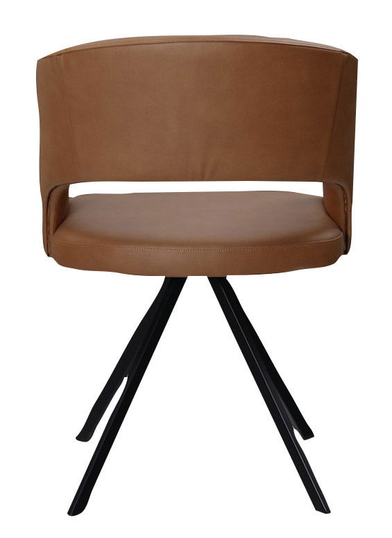 Rückansicht eines braunen Armlehnstuhls mit schwarzem Metallgestell, Modell LAURA.