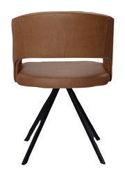 Rückansicht eines braunen Armlehnstuhls mit schwarzem Metallgestell, Modell LAURA.