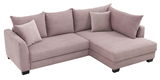Ecksofa in hellbraunem Stoff mit Kordstruktur, zwei große Rückenkissen und zwei kleinere Zierkissen, Perspektive von schräg oben.