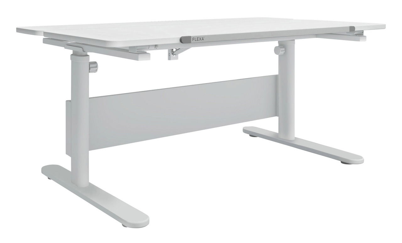 Moderner höhenverstellbarer Schreibtisch in Weiß, seitliche Perspektive