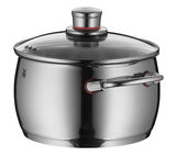 Edelstahlkochtopf mit Glasdeckel und seitlichem Griff, seitliche Perspektive