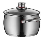 Edelstahlkochtopf mit Glasdeckel und seitlichem Griff, seitliche Perspektive