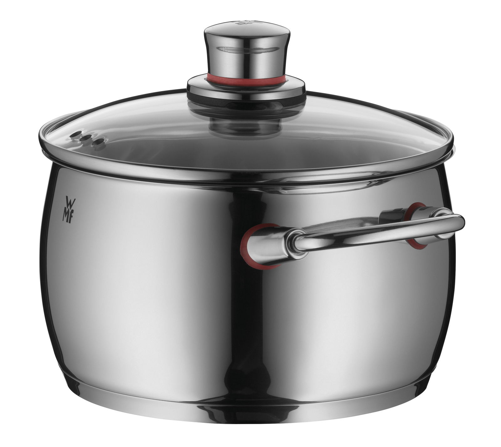 Edelstahlkochtopf mit Glasdeckel und seitlichem Griff, seitliche Perspektive