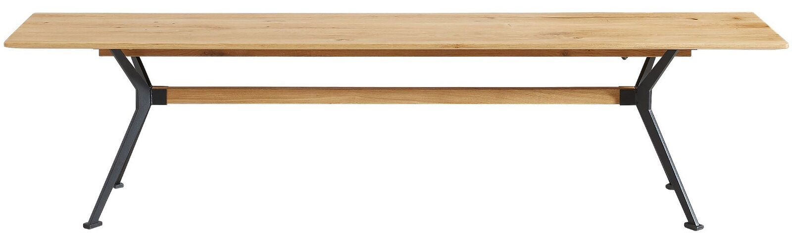 Holz-Sitzbank mit Metallbeinen, seitliche Perspektive