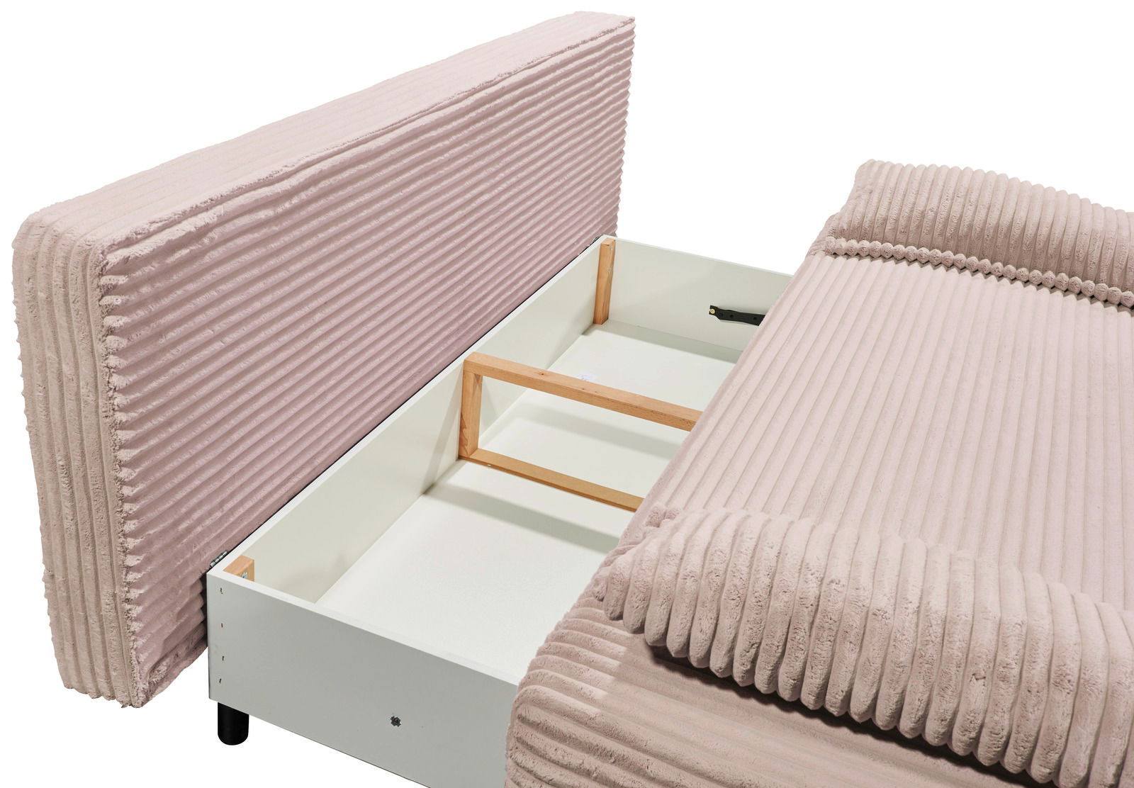 Funktionssofa mit Stauraum, seitliche Perspektive, rosa gerippter Stoffbezug