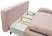 Funktionssofa mit Stauraum, seitliche Perspektive, rosa gerippter Stoffbezug