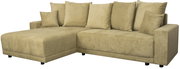 Beige Ecksofa mit Ottomane links, mehrere Kissen, Perspektive von vorne rechts