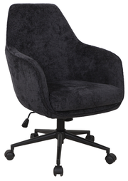 Schwarzer Drehstuhl mit gepolstertem Sitz und Rückenlehne, seitliche Ansicht