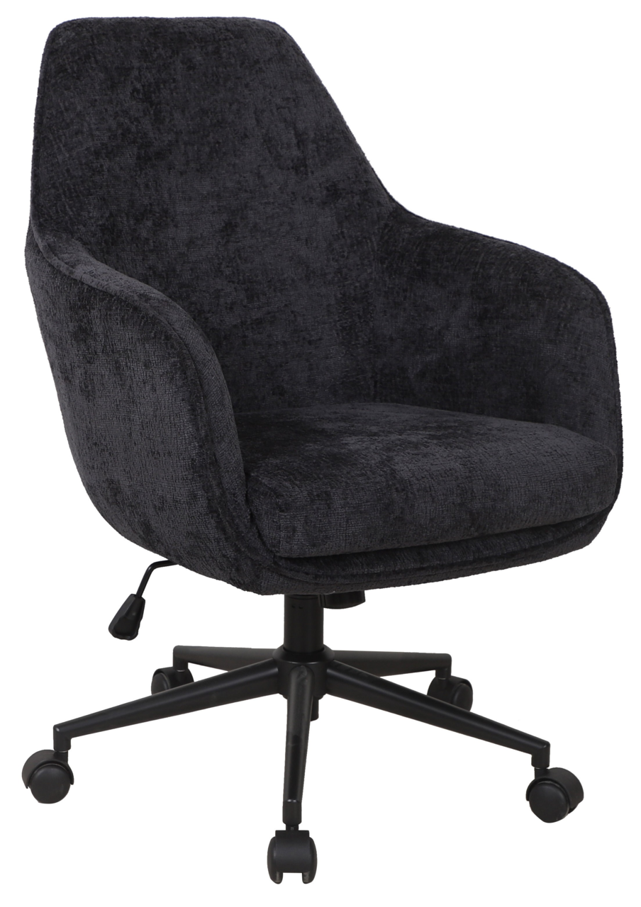 Schwarzer Drehstuhl mit gepolstertem Sitz und Rückenlehne, seitliche Ansicht