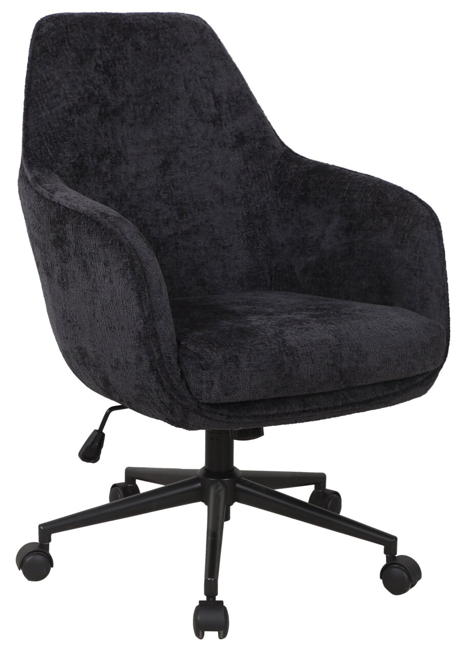 Schwarzer Drehstuhl mit gepolstertem Sitz und Rückenlehne, seitliche Ansicht