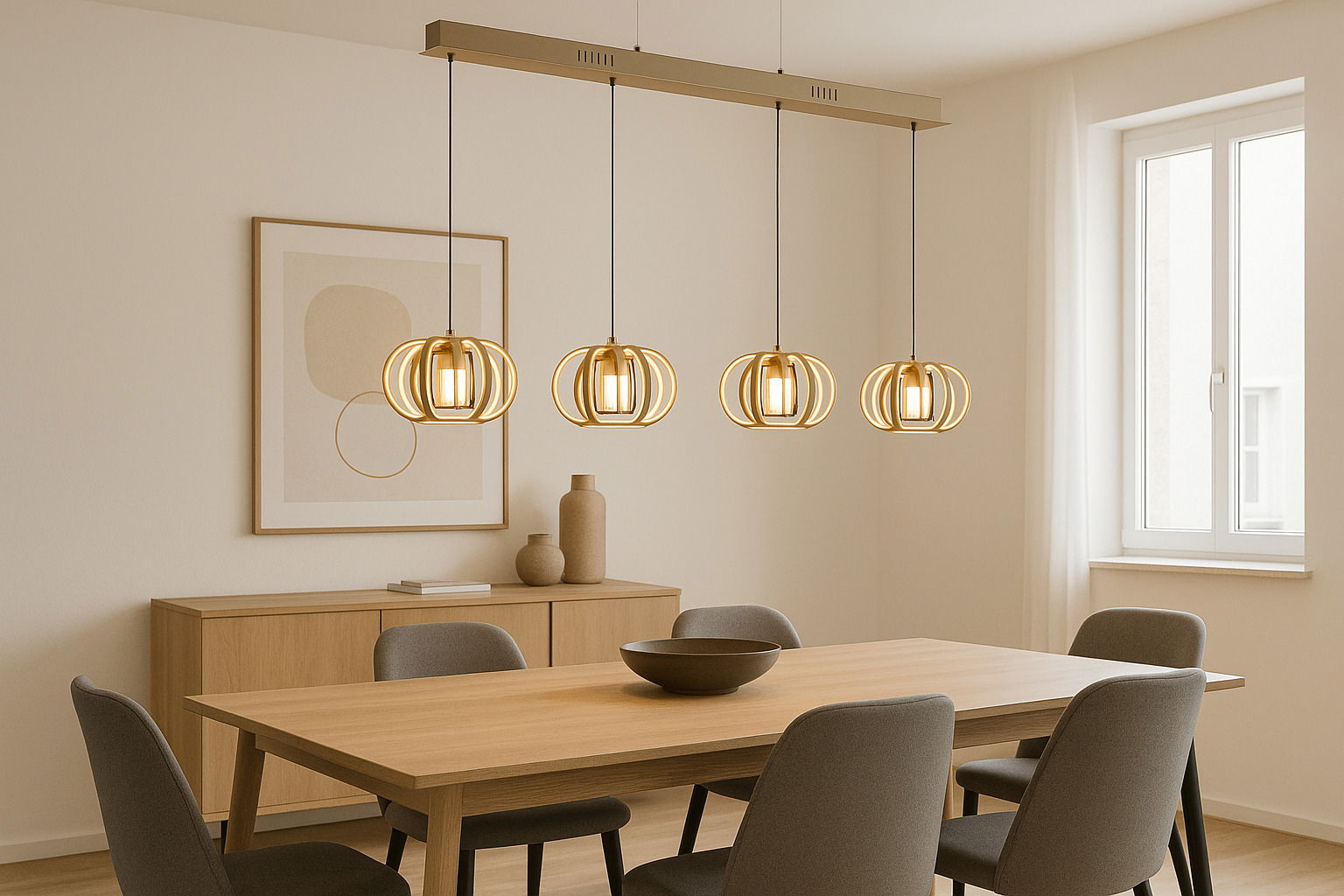 Moderne Pendelleuchte mit vier goldenen Lampenschirmen über einem Esstisch, seitliche Perspektive