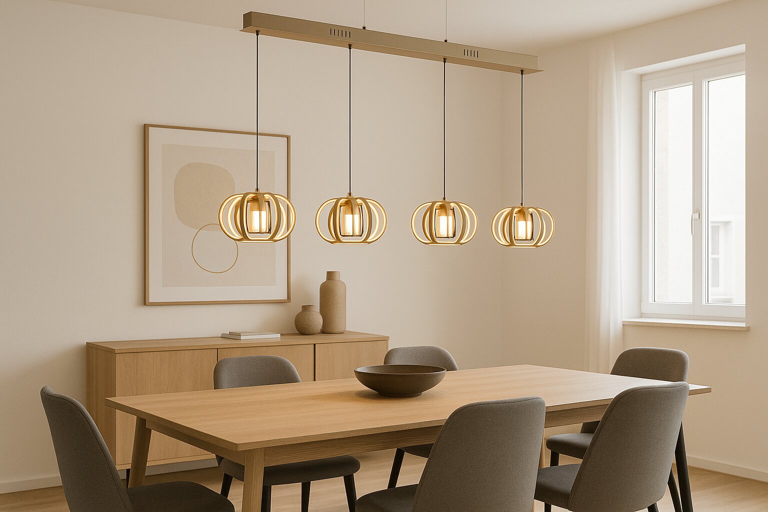 Moderne Pendelleuchte mit vier goldenen Lampenschirmen über einem Esstisch, seitliche Perspektive