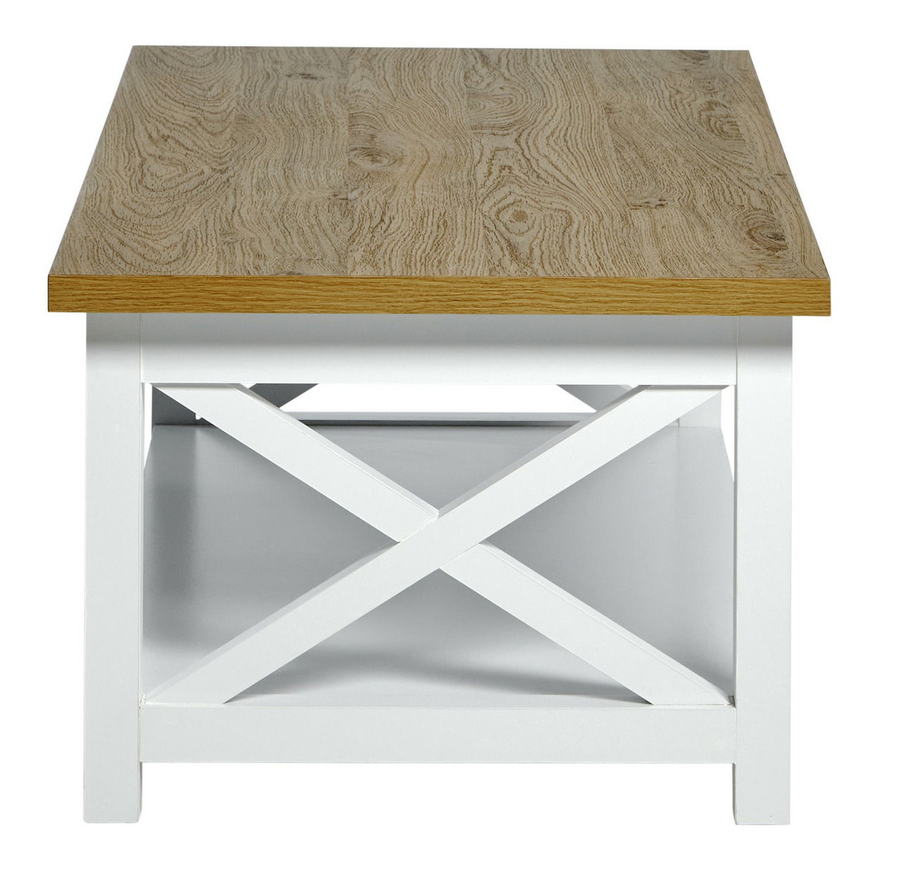 Moderner Couchtisch mit Holzplatte und weißem Gestell, frontale Ansicht