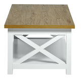 Moderner Couchtisch mit Holzplatte und weißem Gestell, frontale Ansicht