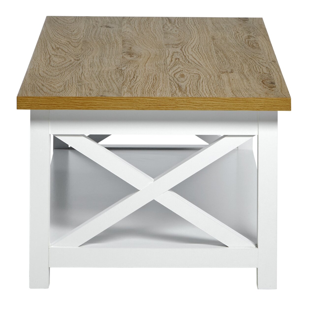 Moderner Couchtisch mit Holzplatte und weißem Gestell, frontale Ansicht