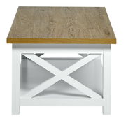 Moderner Couchtisch mit Holzplatte und weißem Gestell, frontale Ansicht