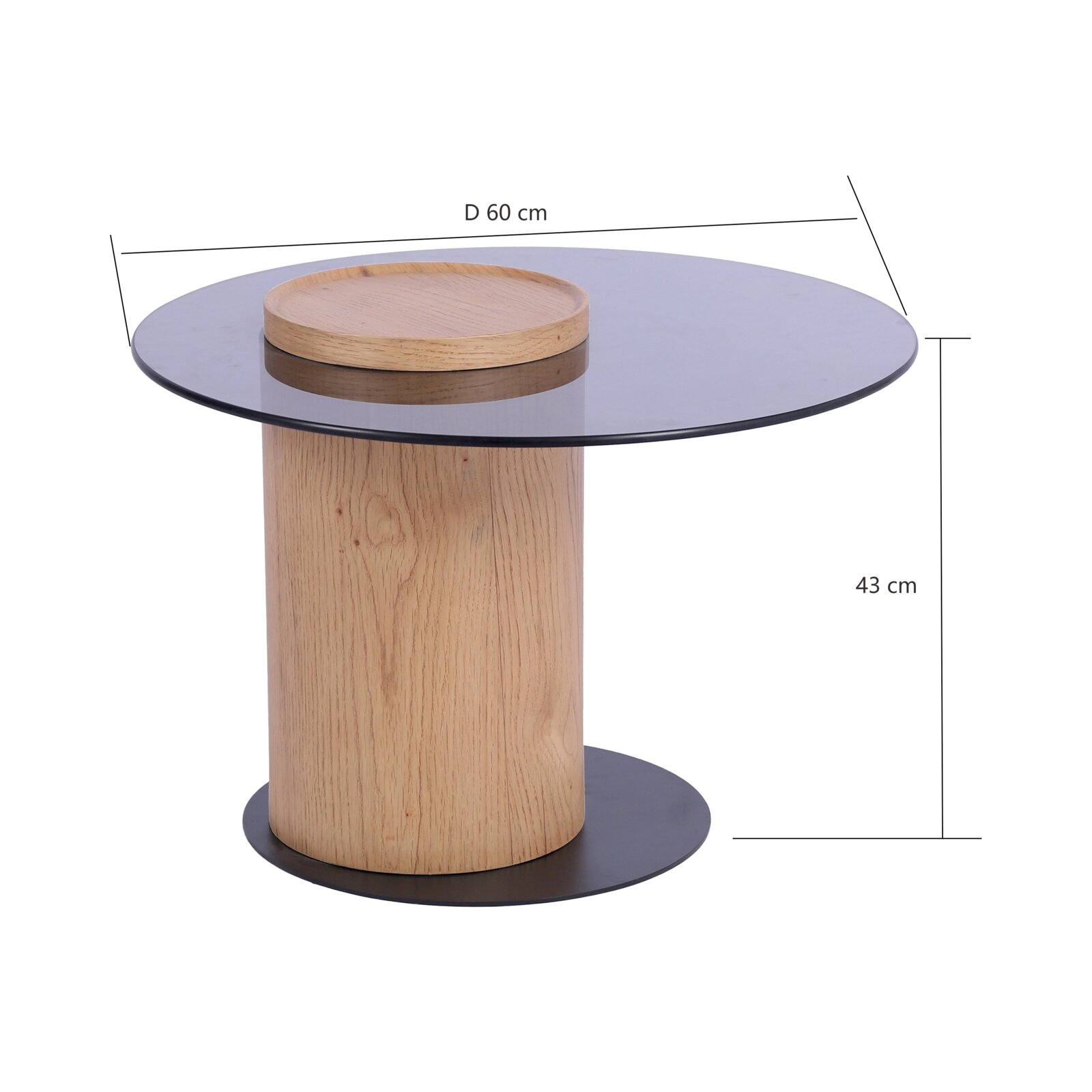 Moderne bijzettafel met rond glazen blad en houten poot, zijaanzicht