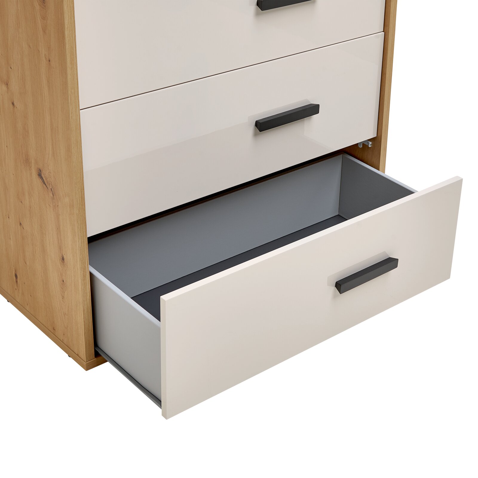 Kommode mit offenem Schubfach, seitliche Perspektive, Holzoptik mit weißen Fronten und schwarzen Griffen