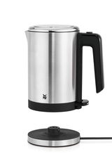 Silberner Wasserkocher mit schwarzem Griff und abnehmbarer Basis, seitliche Ansicht