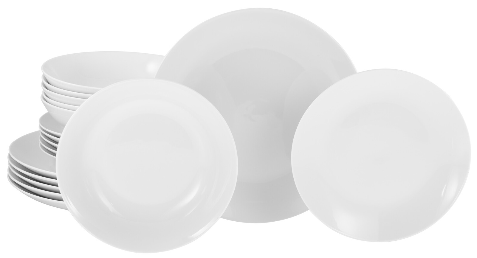 Creatable Tellerset 18-tlg LUNA Weißes 18-teiliges Tellerset aus Porzellan, frontal abgebildet mit gestapelten Tellern im Hintergrund.