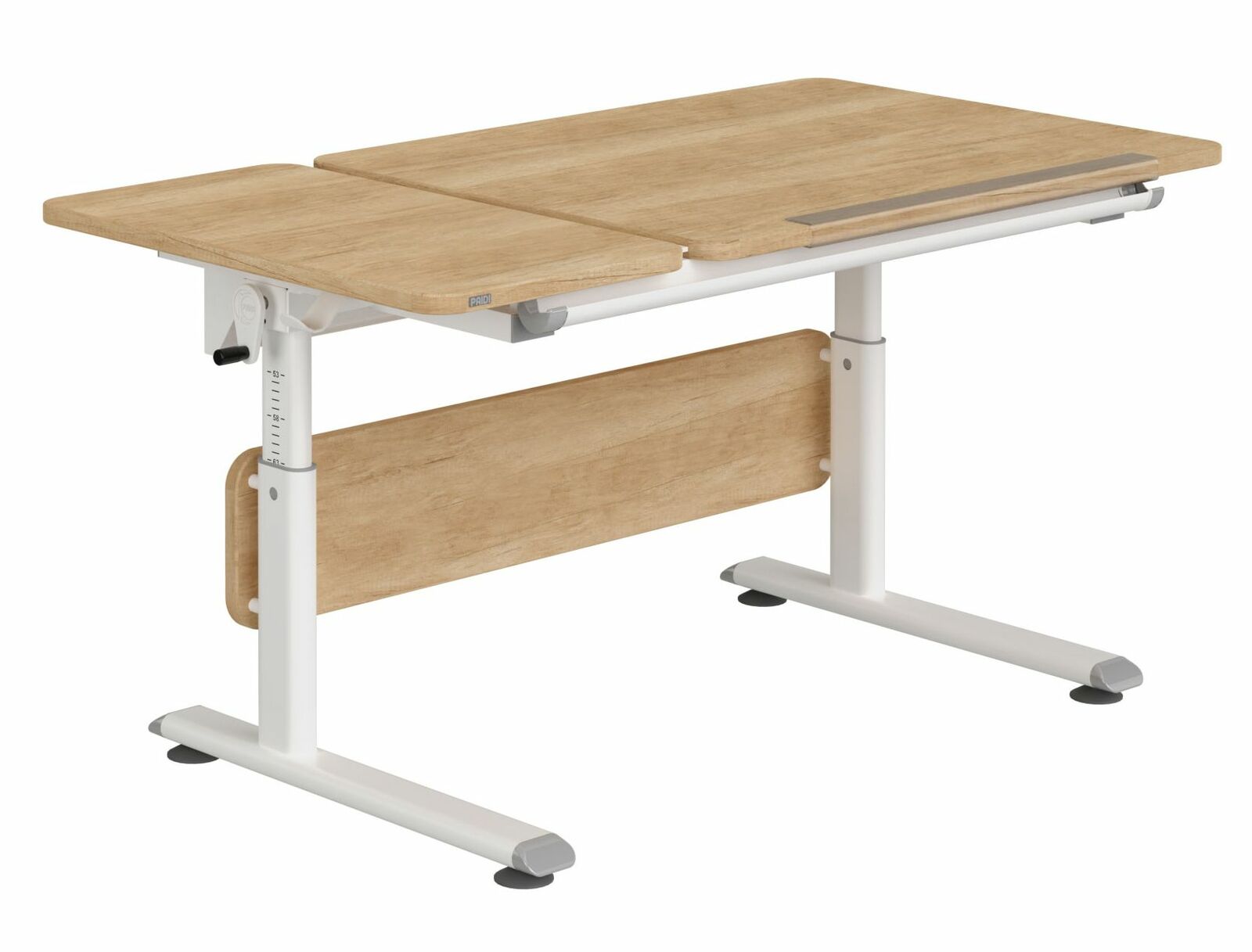 Moderner Schreibtisch aus Holz mit weißem Metallgestell, seitliche Ansicht