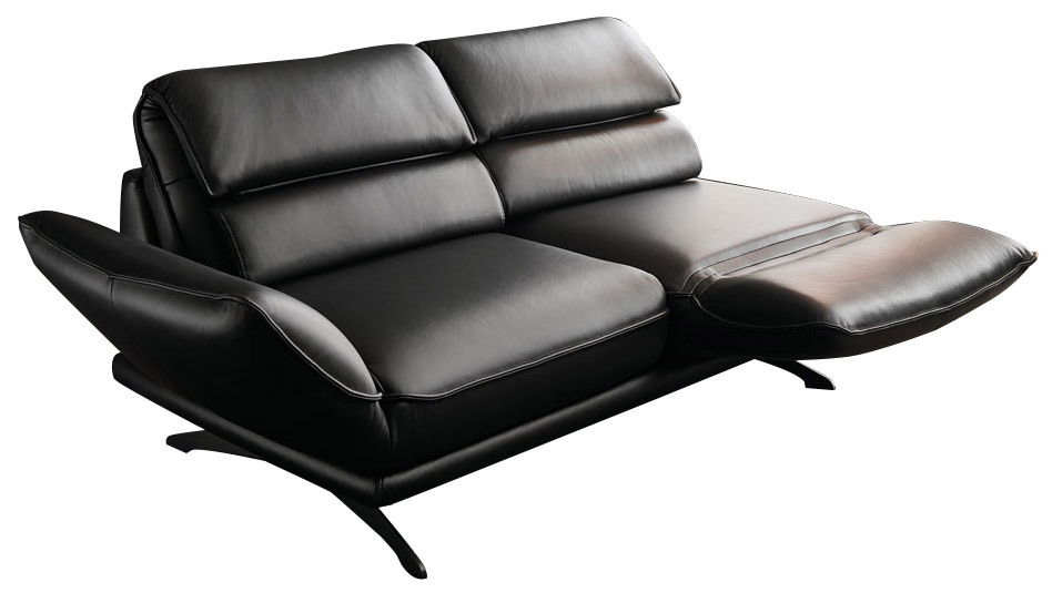 Schwarzes 2,5-Sitzer-Sofa aus Leder mit verstellbarer Rückenlehne und Fußstütze, seitliche Perspektive