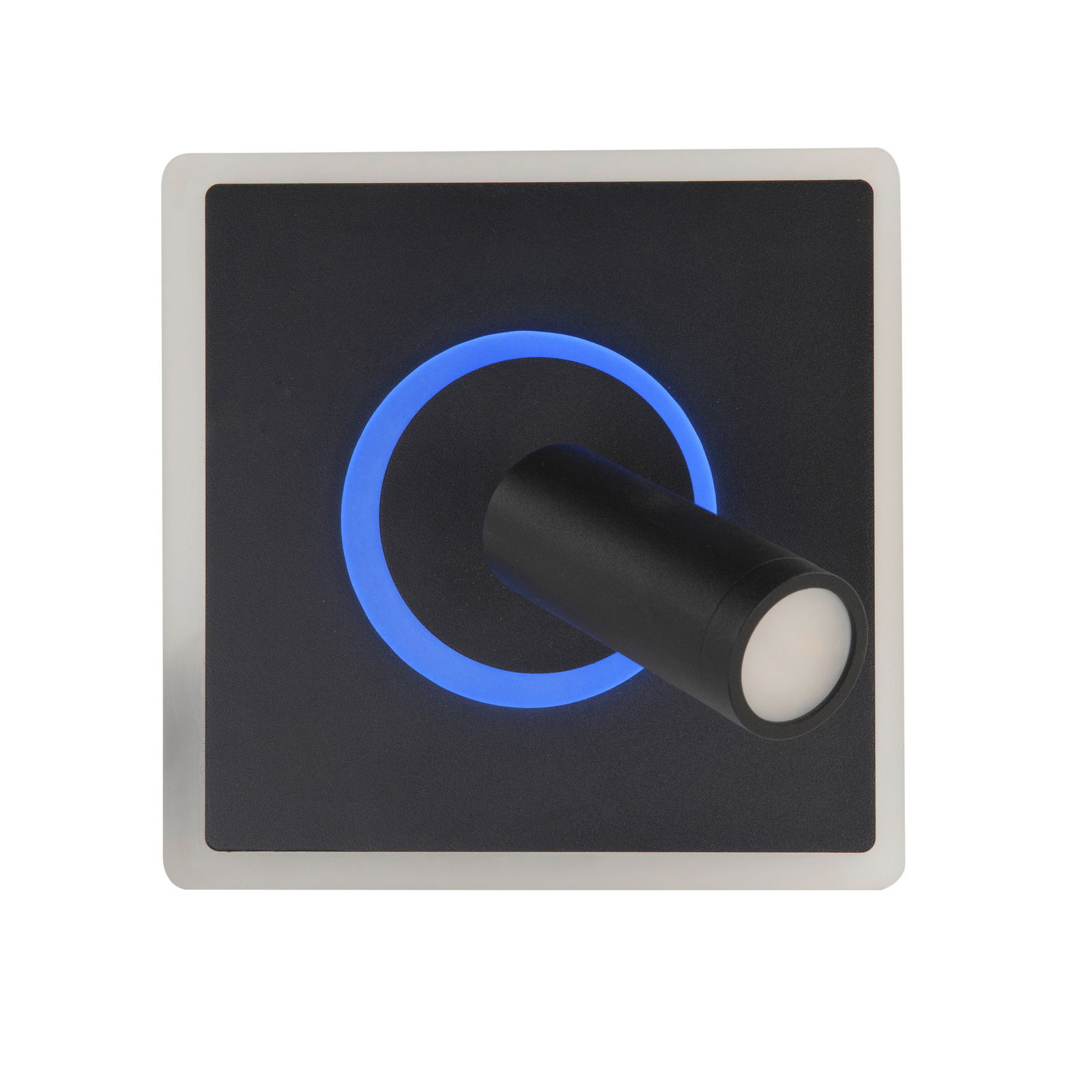 LED-Deckenleuchte Spark mit blauem Leuchtring und schwarzem Gehäuse, Ansicht von vorne