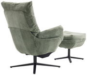 Rückansicht eines grünen Relaxsessels mit Hocker, beide mit geripptem Stoffbezug und schwarzem Drehfuß.